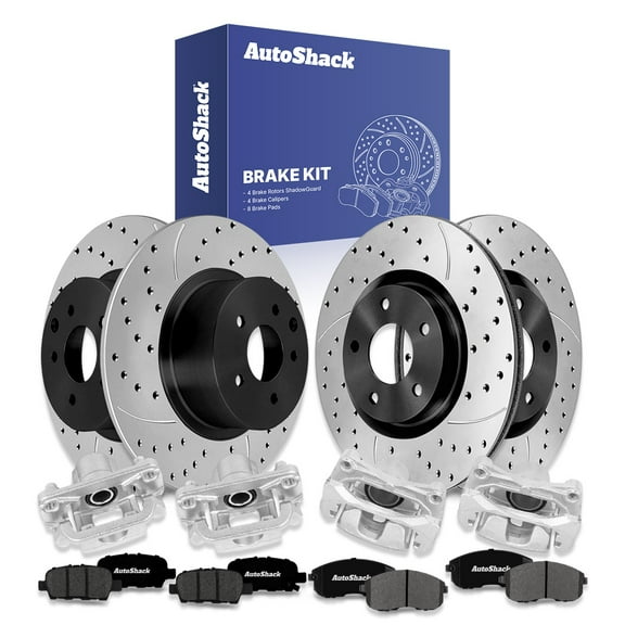 AutoShack Front Vented & Rear Solid Drilled & Slotted E-Coated Brake Rotors   Premium Ceramic Pads   Calipers 16-PC Brake Kit Replacement for 2007-2009 Nissan Altima ShadowGuard