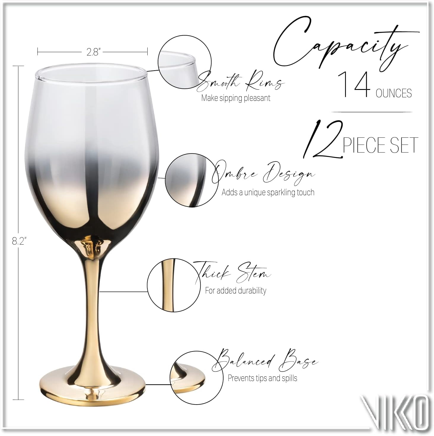Vikko 11.5 Oz Wine Glasses Decorative Gold Ombre 12-Pc Glassware Set for Red & White Wine