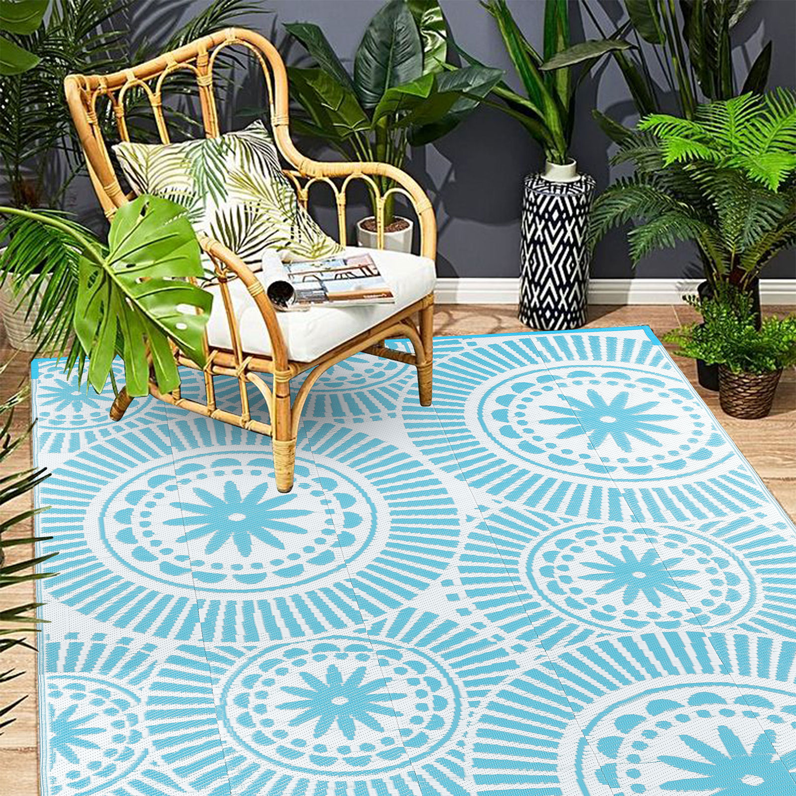 Ileading High Quality Plastic Straw Reversible Outdoor Rugs Waterproof Circles for RV, Patio