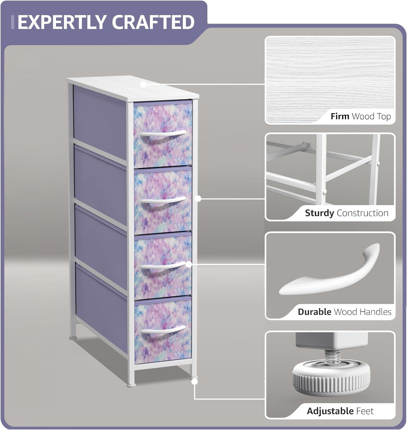Sorbus Kids 4-Drawer Narrow Dresser, Slim Vertical Storage Chest, Tie-Dye Purple
