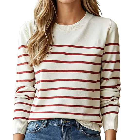 Womens Striped Crew Neck Pullover Sweater Lined Long Sleeve Tunic Top Beige L