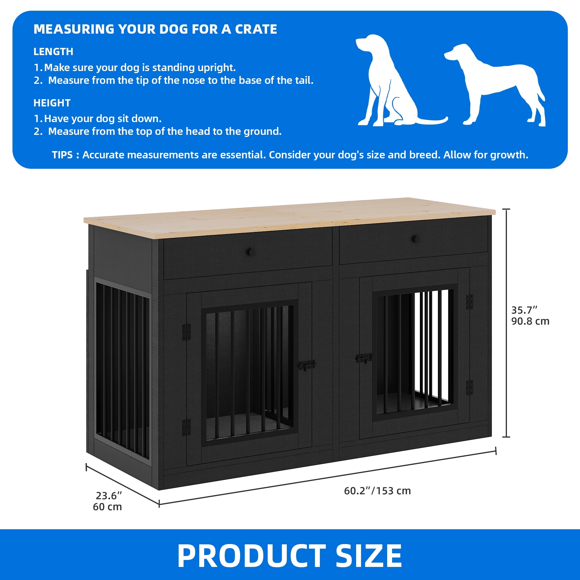 Dextrus 60" Large Double Door Dog Crate Furniture with Locks, Indoor Dog Cage Table with Removable Divider & 2 Storage Drawers, Black