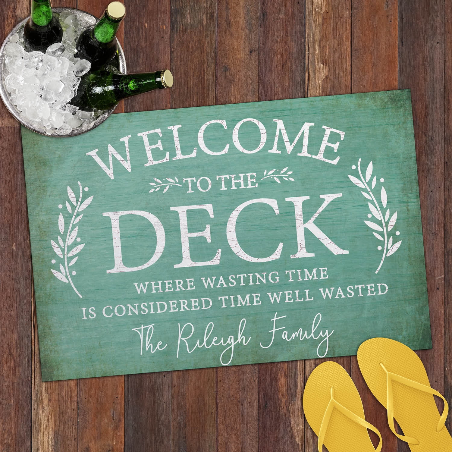 Personalized Planet 27x18 Welcome To The Deck Where Wasting Time is Considered Time Well Wasted Doormat with Custom Name Printed on Blue Rectangular 1/8” Thick Non Slip Mat
