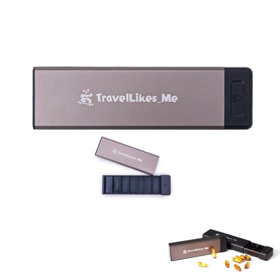 Travel Likes Me Pill Organizer- Travel Medicine Case, Metal Box, Container, Weekly Small Medication, 7 day holder, cases, Organizers for Purse, Vitamin Pills, mini boxes