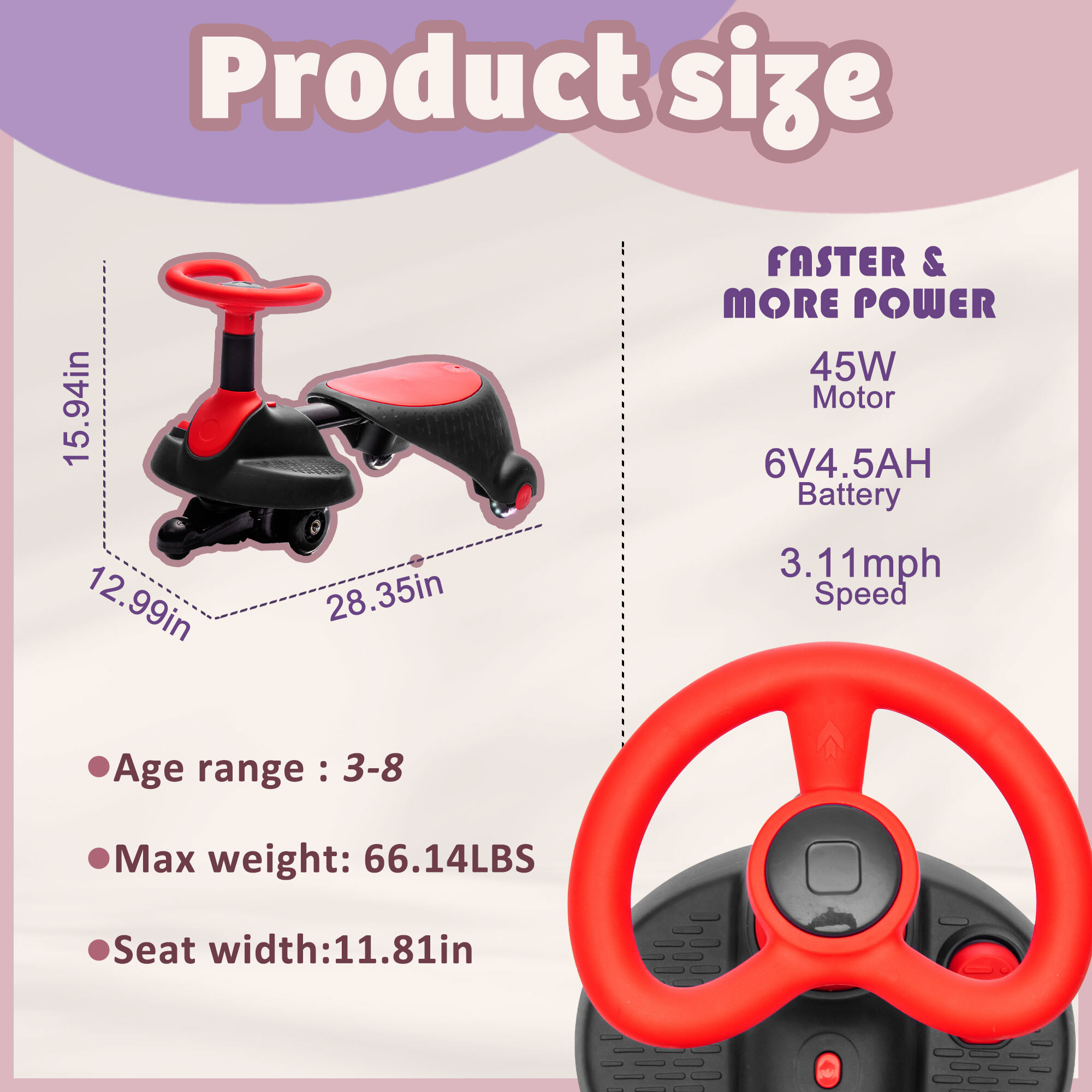 6V Kids Ride On Wiggle Car, Ride on Toys with Flashing & Shock Absorbing PU Wheels, Provide a Speed of 3.11MPH for Kids Aged 3+, Red