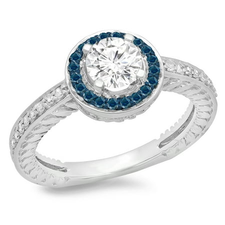 1.00 Carat (ctw) 18K White Gold Round Cut Blue & White Diamond Ladies Bridal Vintage Halo Style Engagement Ring 1 CT