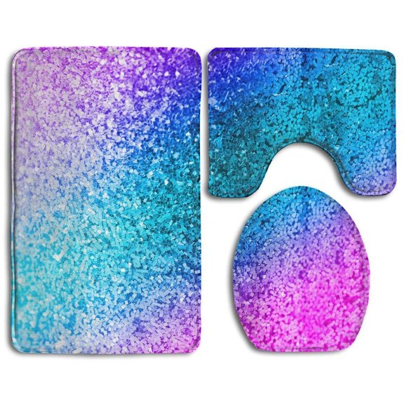 GOHAO Colorful Glitter Debris 3 Piece Bathroom Rugs Set Bath Rug Contour Mat and Toilet Lid Cover