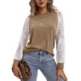thumbnail image 3 of Blusa de encaje Mujer Mujer Manga larga Cuello redondo Casual Camiseta holgada Manga de encaje Top Caqui XL, 3 of 8