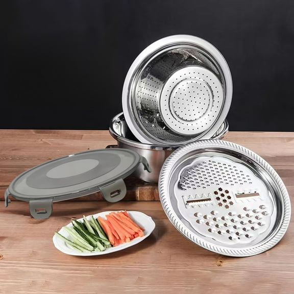 Multifunction Stainless Steel Basin Grater Colander Strainer 3 In 1 Set Shredding & Drainage Chopping Basin Vegetable Cutter Slicer Salad Maker Rice Washing