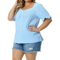 thumbnail image 4 of Agnes Orinda Women's Plus Size Gingham Tops Plaid Sweetheart V Neck Puff Short Sleeve Button Decor Summer 1950s Blouses 4X Blue, 4 of 6
