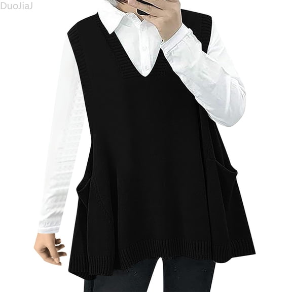 DuoJiaJ Womens Oversized Sweater Vest, Crew Neck Cable Knit with Pockets Black L