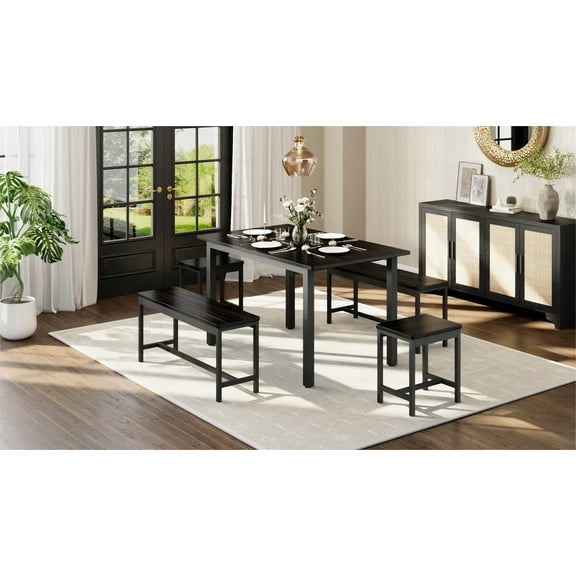 5-Piece Extendable Dining Table Set for 4-8 People, 63 Inch Kitchen Table with 2 Benches & 2 Stools, Space Saving Modern Dining Room Furniture, Easy Assembly Metal Frame