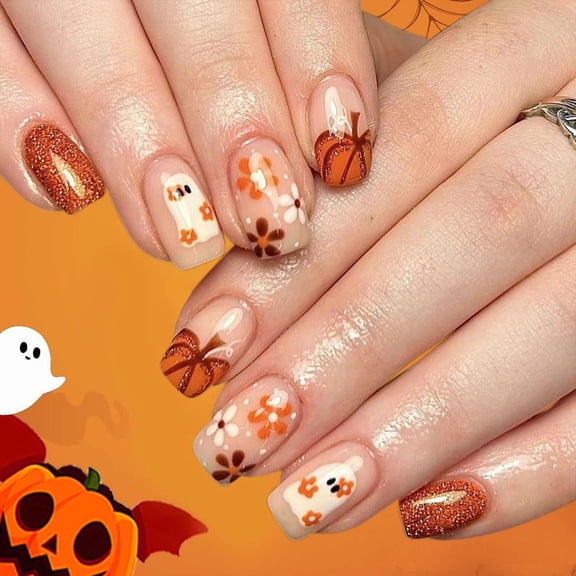 Halloween Press on Nails Medium Square Fake Nails Cute Glitter Pumpkin Ghost Face Glossy Nails Press ons Yellow Reusable Acrylic Nails Full Cover Stick on Nails for Women Girls 24 Pcs