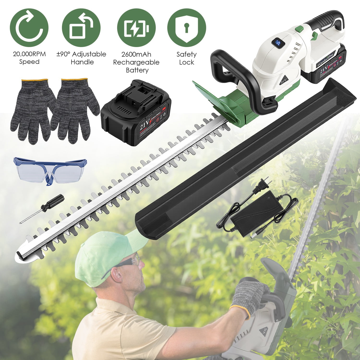 Teqhome 20in Electric Hedge Trimmer Cordless Handheld Hedge Trimmer 21V Bush Trimmer with Dual-Action Blades 0.6in Cutting Diameter Safety Lock Adjustable Handle