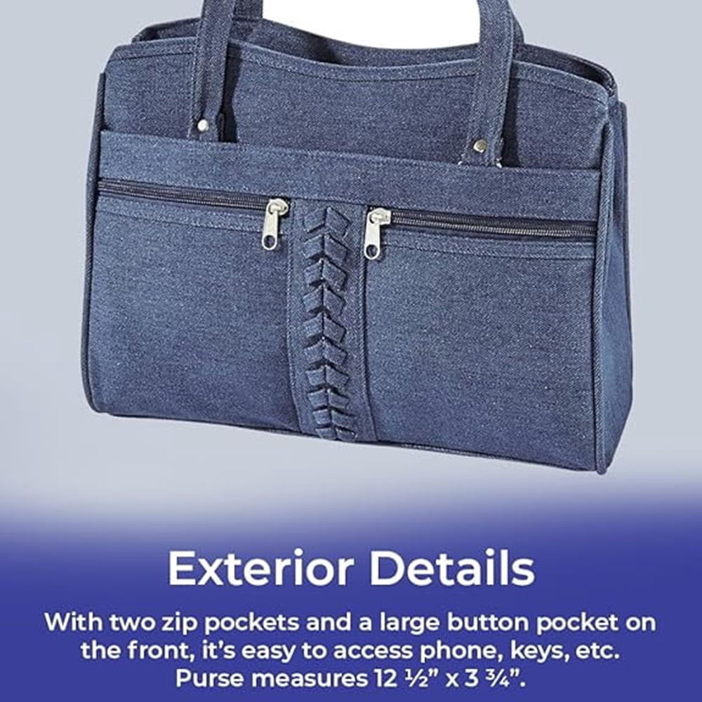 Braided Trim Denim Bag, Soft Jean Handbag for Women, Casual Purse with Multiple Pockets, Crossbody Shoulder Strap, Two Top Handles