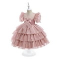 thumbnail image 5 of REORIAFEE Toddler Kids Girls Formal Dress Lace Tulle Dress Puffy Sundress Front Bow Knot Layered Dress Ruffle Trim Mesh Dress Solid Color Dress Crewneck Lantern Sleeve Dress Size 8Y Pink, 5 of 9