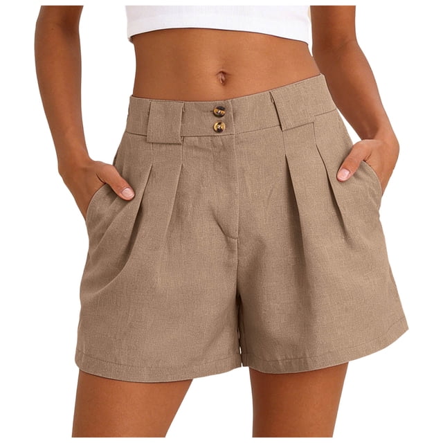 GHIIYER Linen Shorts Women High Waisted Wide Leg Trousers with Pleated Button Closure And Side Pockets Short