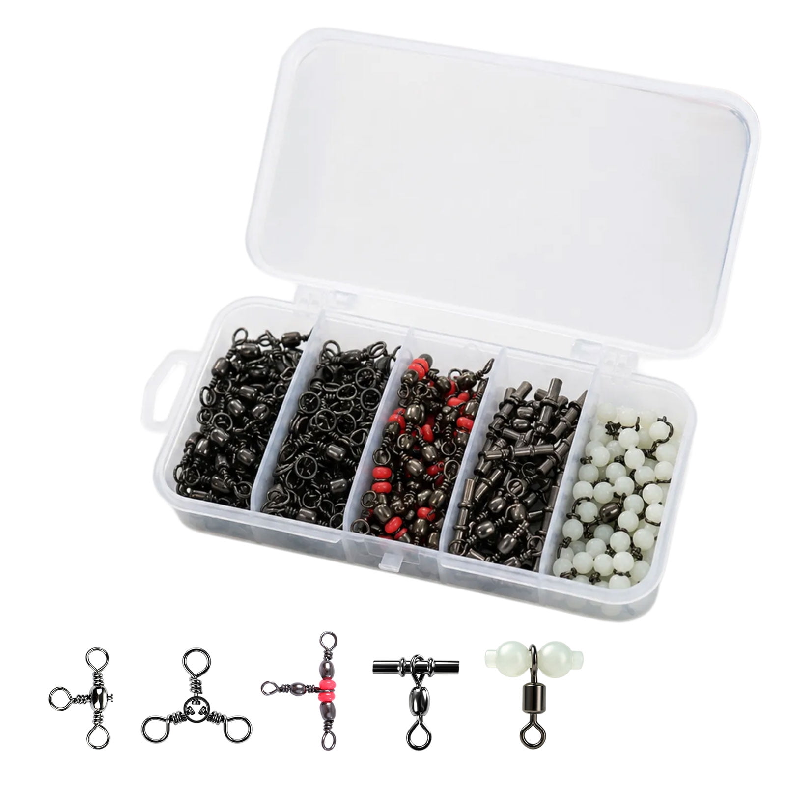 Compartment-Box Fishing Connector Assortment with 110 Steel Tackle Attachments Grouped Across Five Styles for Building Fishing Assemblies