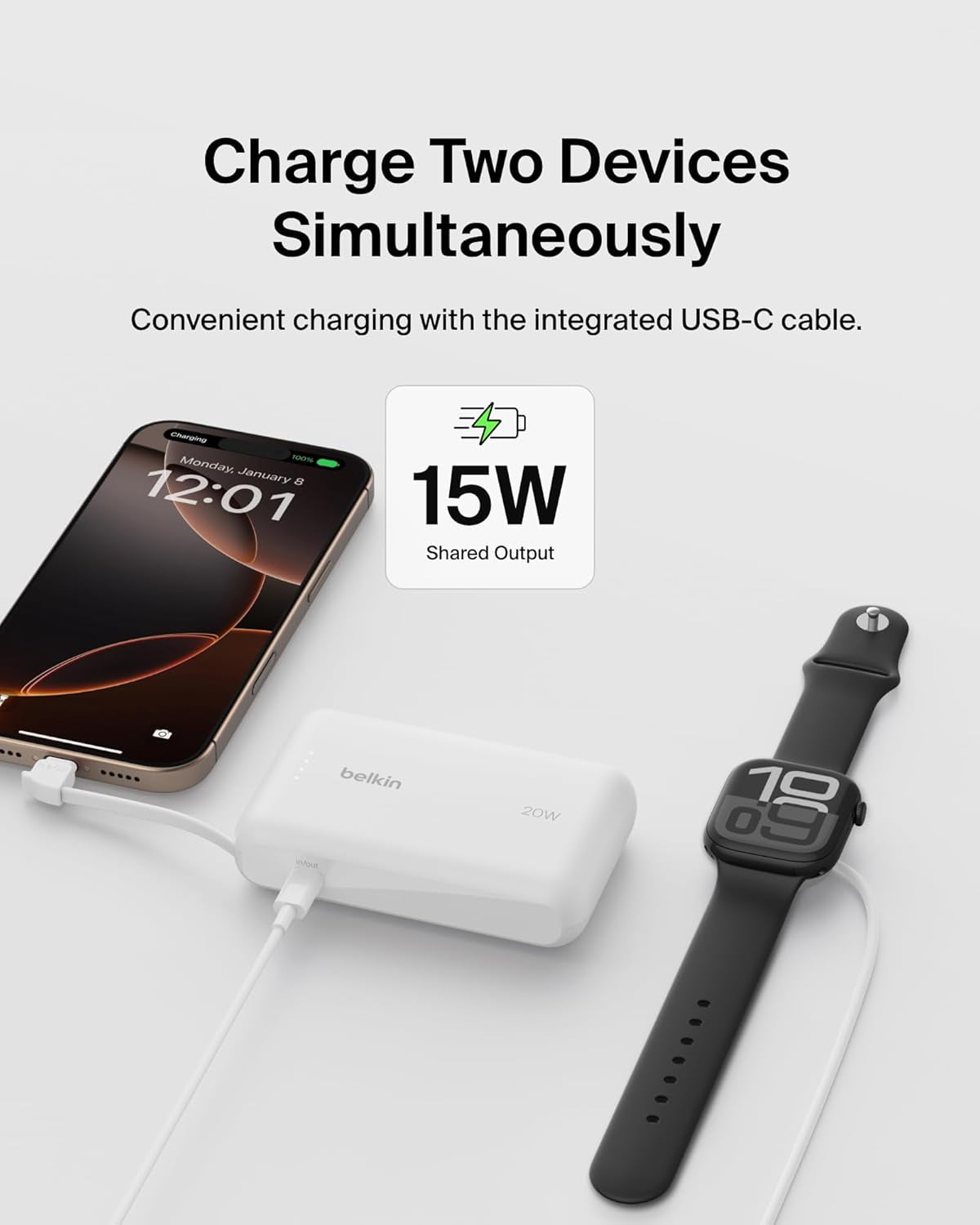 Belkin Power Bank, Portable Power Bank with Integrated Cable 10K PD 20W - Fast Charge USB-C Power Delivery, Portable iPhone Charger for iPhone 16 Series, iPad Pro, Galaxy S25, and More - White