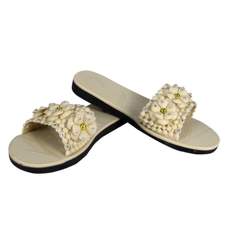 

Peach Couture Cute Floral Studded Summer Sandals Slip On Slides Flats
