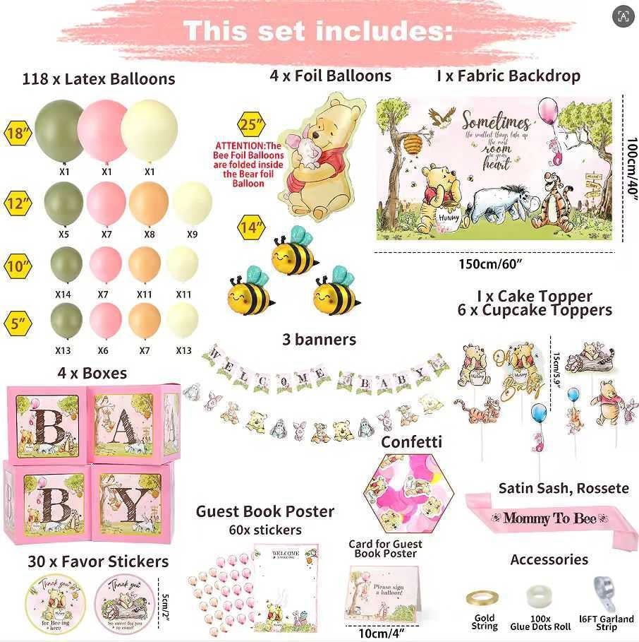 271 Pc Classic Winnie the Pooh Baby Shower Decorations for Girl, Pink Vintage Pooh Bear Balloon Arch Decoration Kit with Backdrop, Banner, Baby Boxes, Sash and Table Decorations