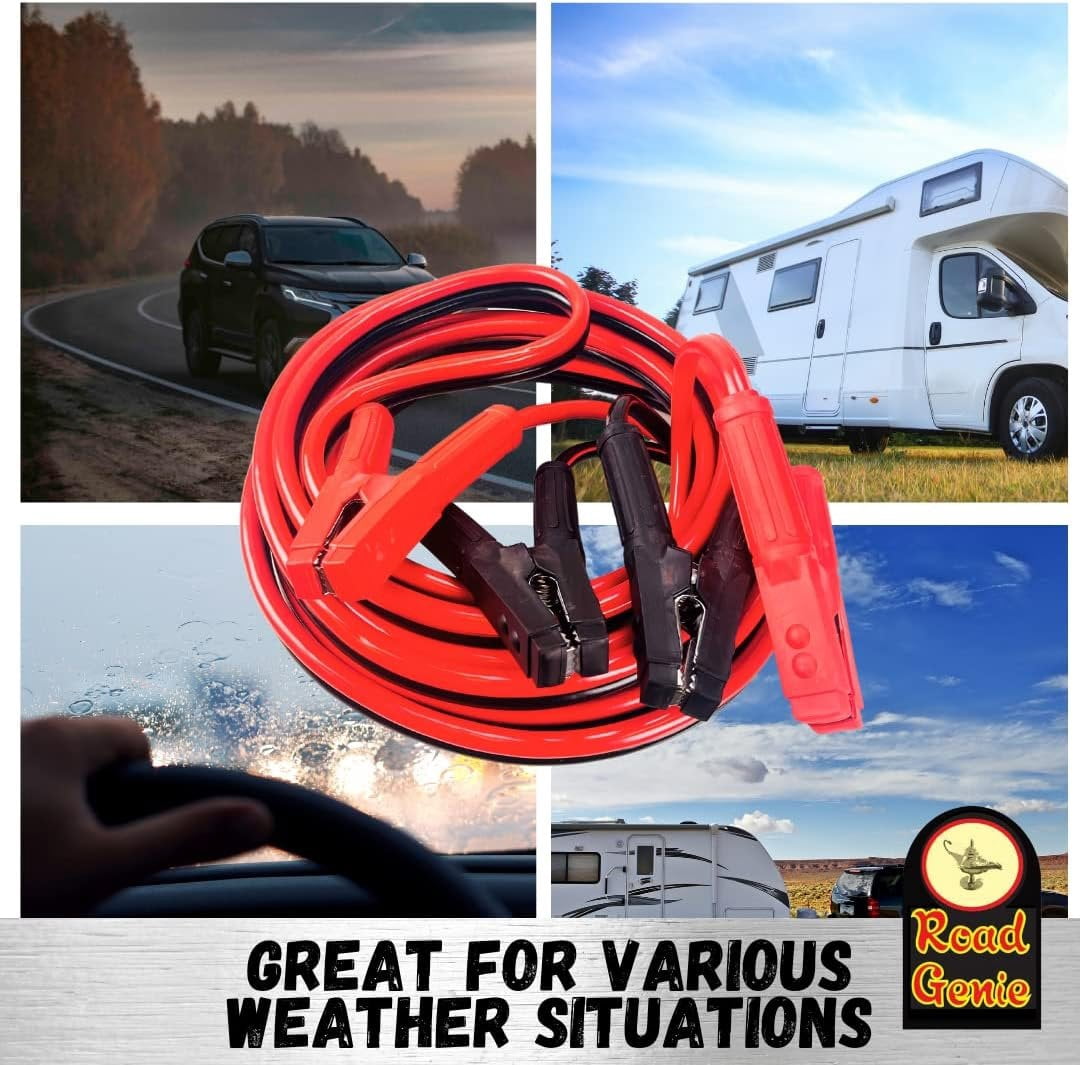 ROAD GENIE 25 Foot, 1 Gauge Booster Cable with Color-Coded Cables and Chrome Plated Clamps for Easy and Reliable Jump-Starting  Comes with Carrying Pouch