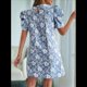 thumbnail image 5 of Vestido Corto Bohemio de Verano con Mangas Abullonadas y Estampado Floral para Mujer, Cintura Alta Azul XXL, 5 of 7