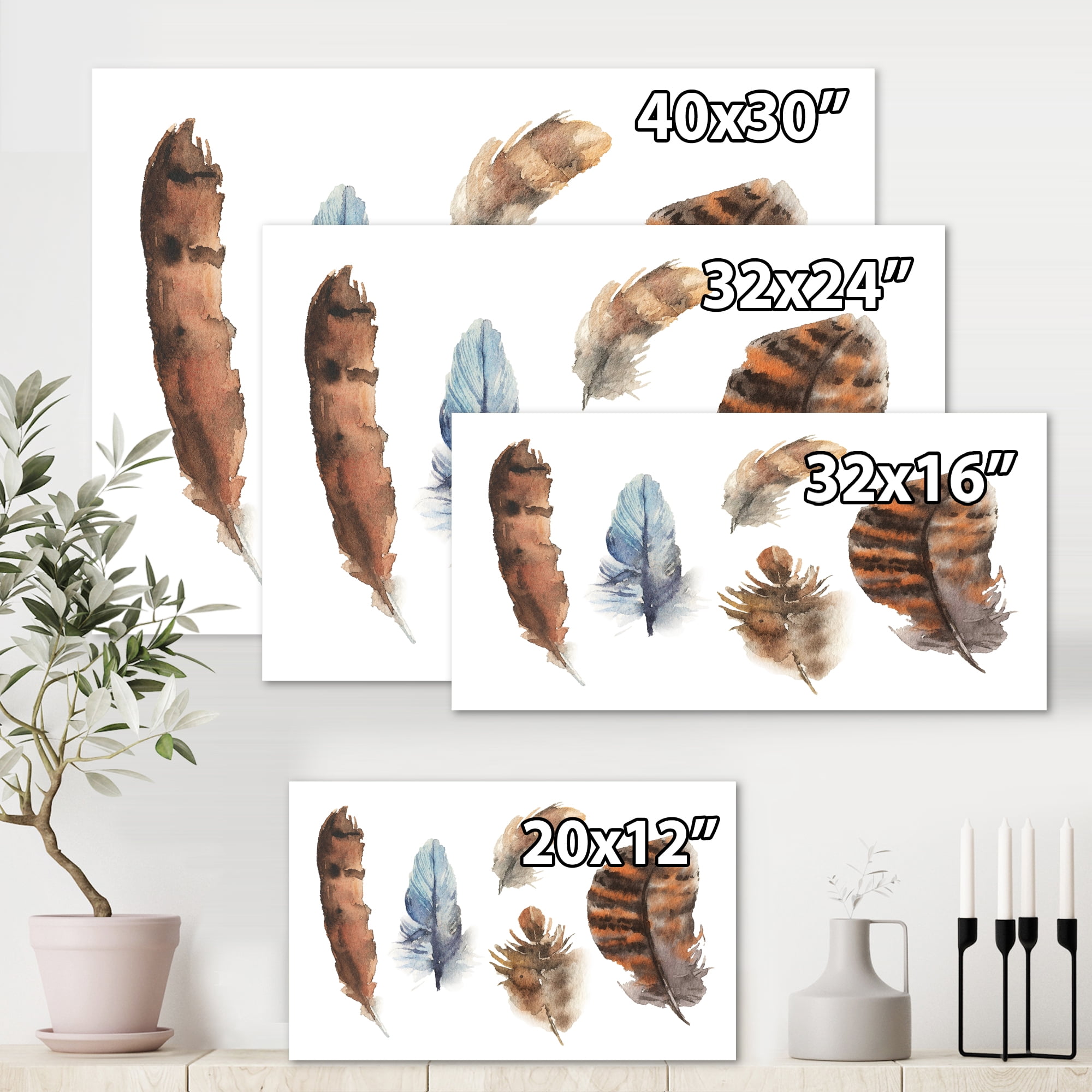 Designart ' Ethnic Boho Feathers In Earth Tones On White ' Bohemian & Eclectic Canvas Wall Art Print