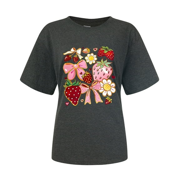 XIAONU Womens T Shirts Short Sleeve Strawberry Floral Bow Printed Sweet Tees Loose Fit Summer Casual Oversized Crewneck T Shirt