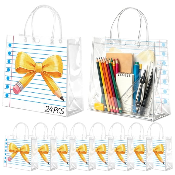 24 Pcs Back to School PVC Gift Bags Bulk- Cute Pencil Bow Notebook Lined Print Reusable First Day of School Treat Bags with Handles for Student Gifts, Classroom Party Favors & Teacher Appreciation