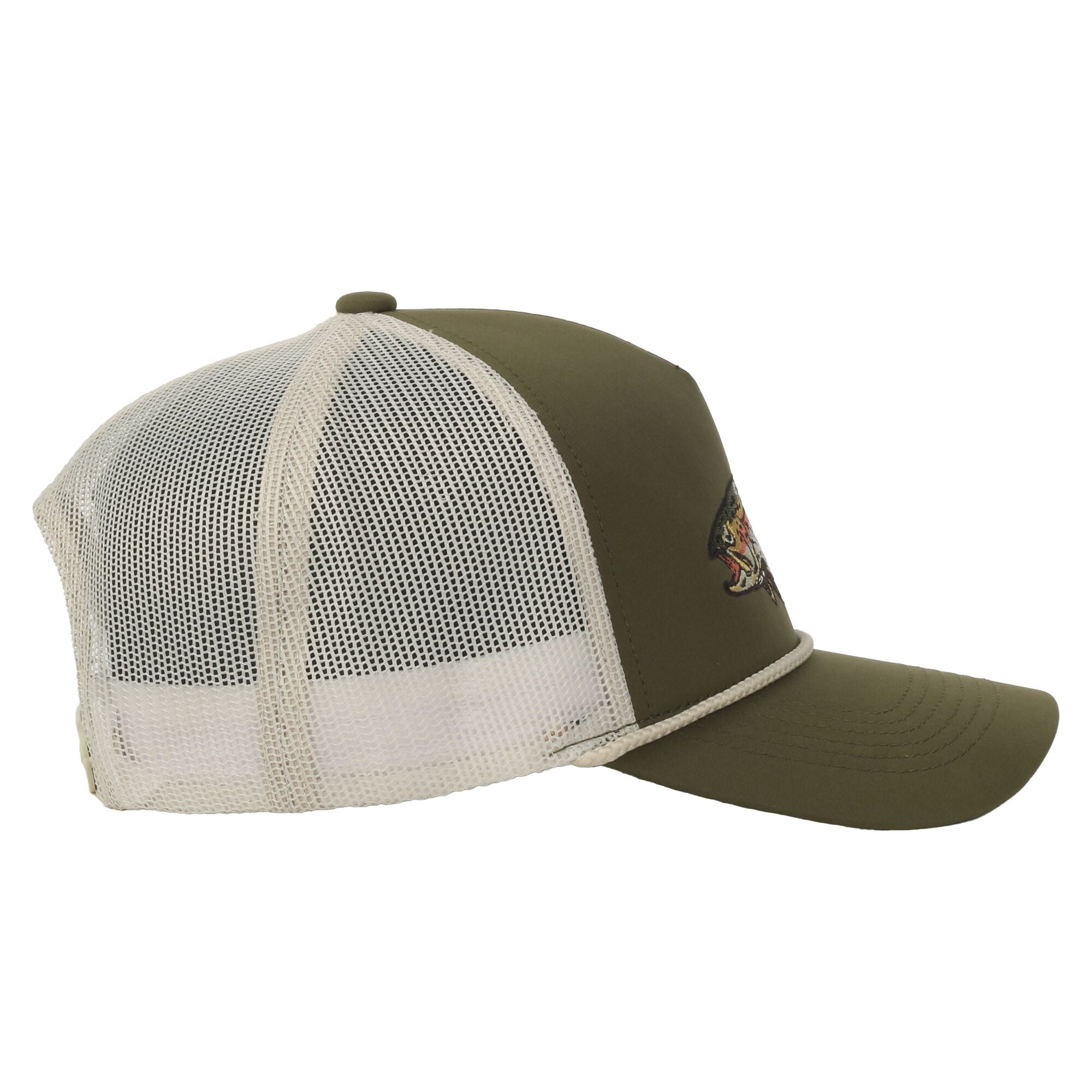 Olive/Putty Rainbow Trout 5-Panel Cap – Structured, Embroidered, Snapback, One Size