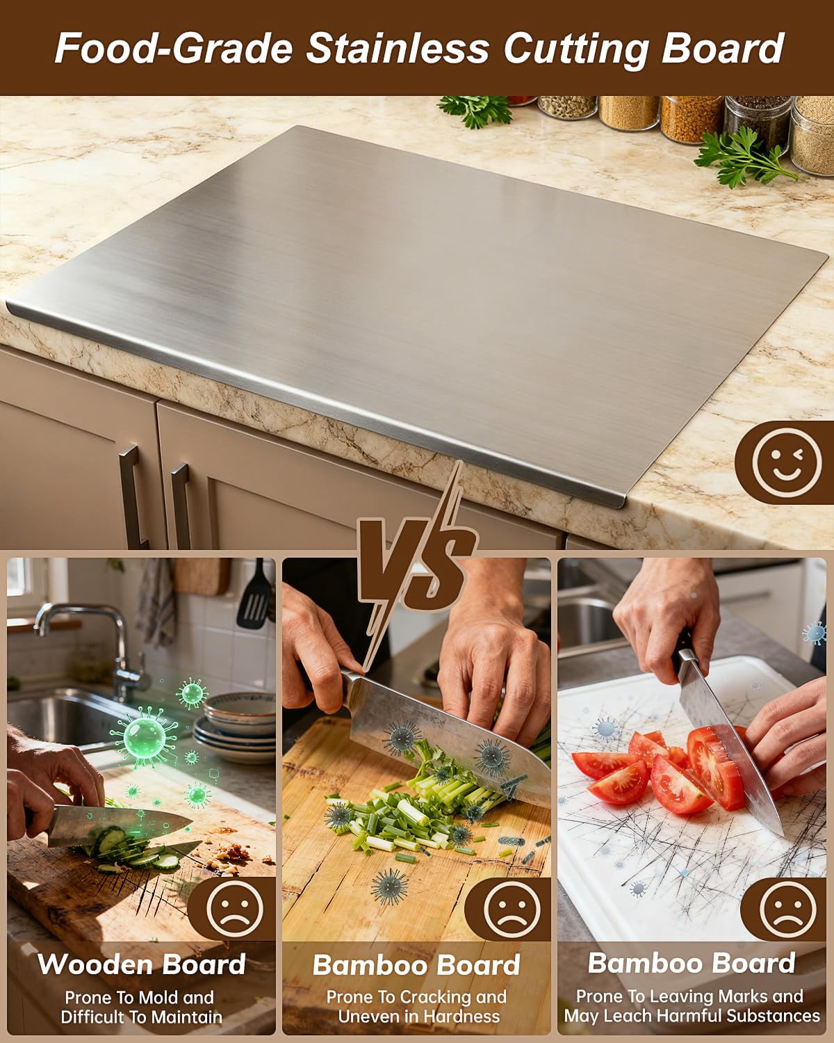 304 Stainless Steel Cutting Board for Kitchen- Large L-Shaped Bread Board,Double-Sided Chopping Board for Baking,Non Adhesive Bread Cutting Board