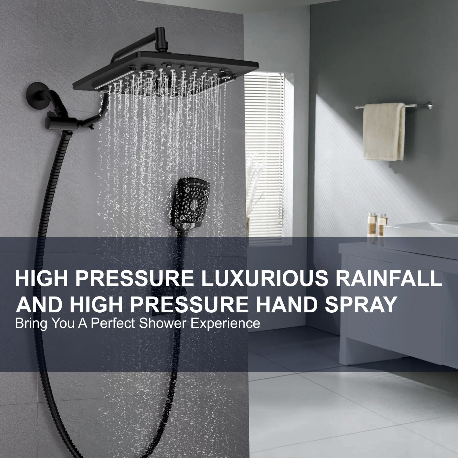 AUKTOPT Rainfall 5-Modes Spary 10 Inch Wall-Mount Showerhead Handheld Shower, Shower Head Combo with 60 Inch Hose, Extension Arm, Matte Black