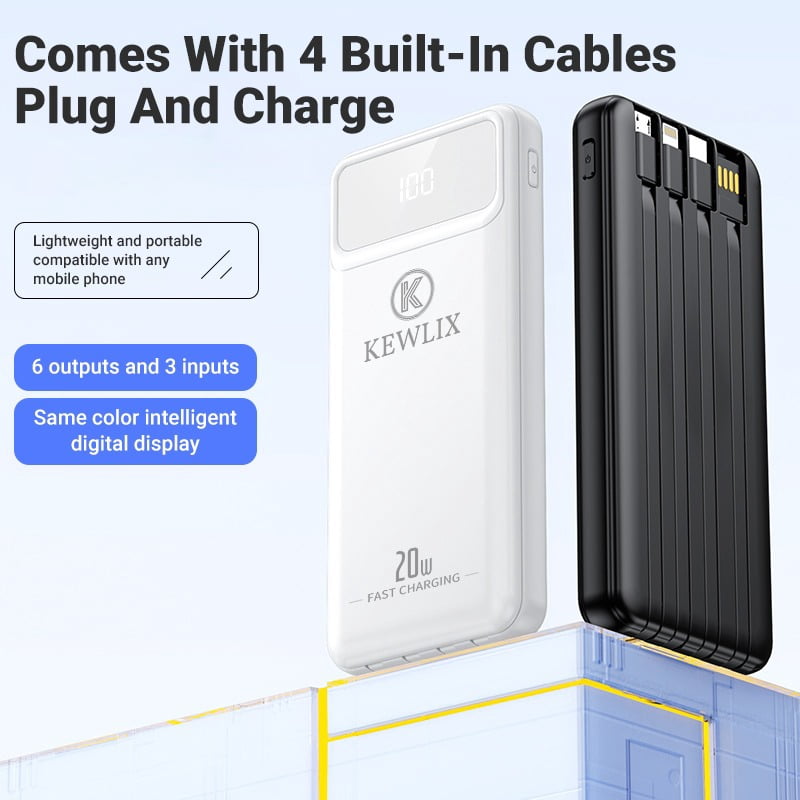 Power Bank, 10000mAh Portable Charger Power Bank with Built-in Cables, 22.5W Fast Charging Battery Pack, LED Display, Multiple Output and Input, Compatible with iPhone, Samsung and Android