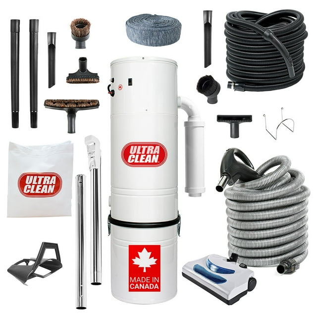 Canadian Made Central Vacuum Ultra Clean Unit 7,500 sq. ft. Electric Hose/Powerhead Attachments, Garage Kit & Accessories (35 Ft)