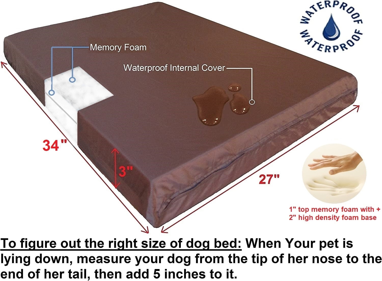 Dogbed4less 34"x27"x3" Memory Foam Platform Bed for Small to Medium Dog, Denim Brown Cover