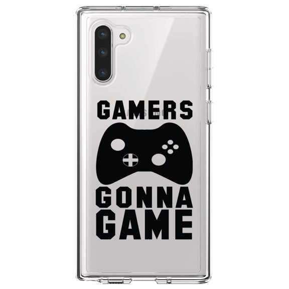 DistinctInk Clear Shockproof Hybrid Case for Samsung Galaxy Note 10 (6.3" Screen) - TPU Bumper Acrylic Back Tempered Glass Screen Protector - Gamers Gonna Game - Video Games