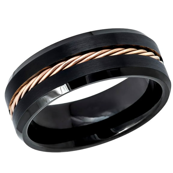 Men's Women's Tungsten Wedding Band Engagement Ring 8mm Black IP Beveled Edge with Rose Gold IP Plated Rope Inlay