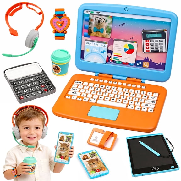 LINXUXI Pretend Play Home Office Set for Kids,Toddler Computer,Phone,LCD Writing Tablet,Pop Fidget Calculator,Headset,Coffee Cup and Watch,Birthday Gift for Boys