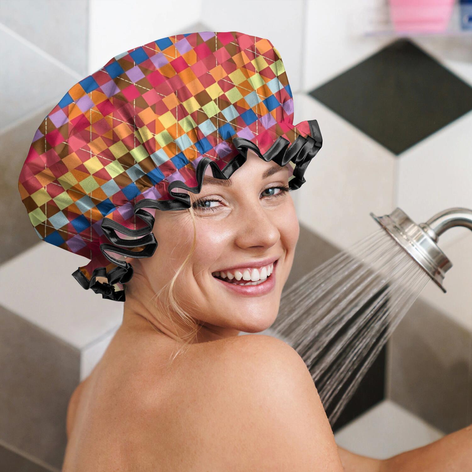 Shower Caps,Colorful Geometric Pattern Waterproof Shower Cap for Women 4 Pieces,Double Reusable Hair Cover for Shower PEVA Elastic Stretch Hem