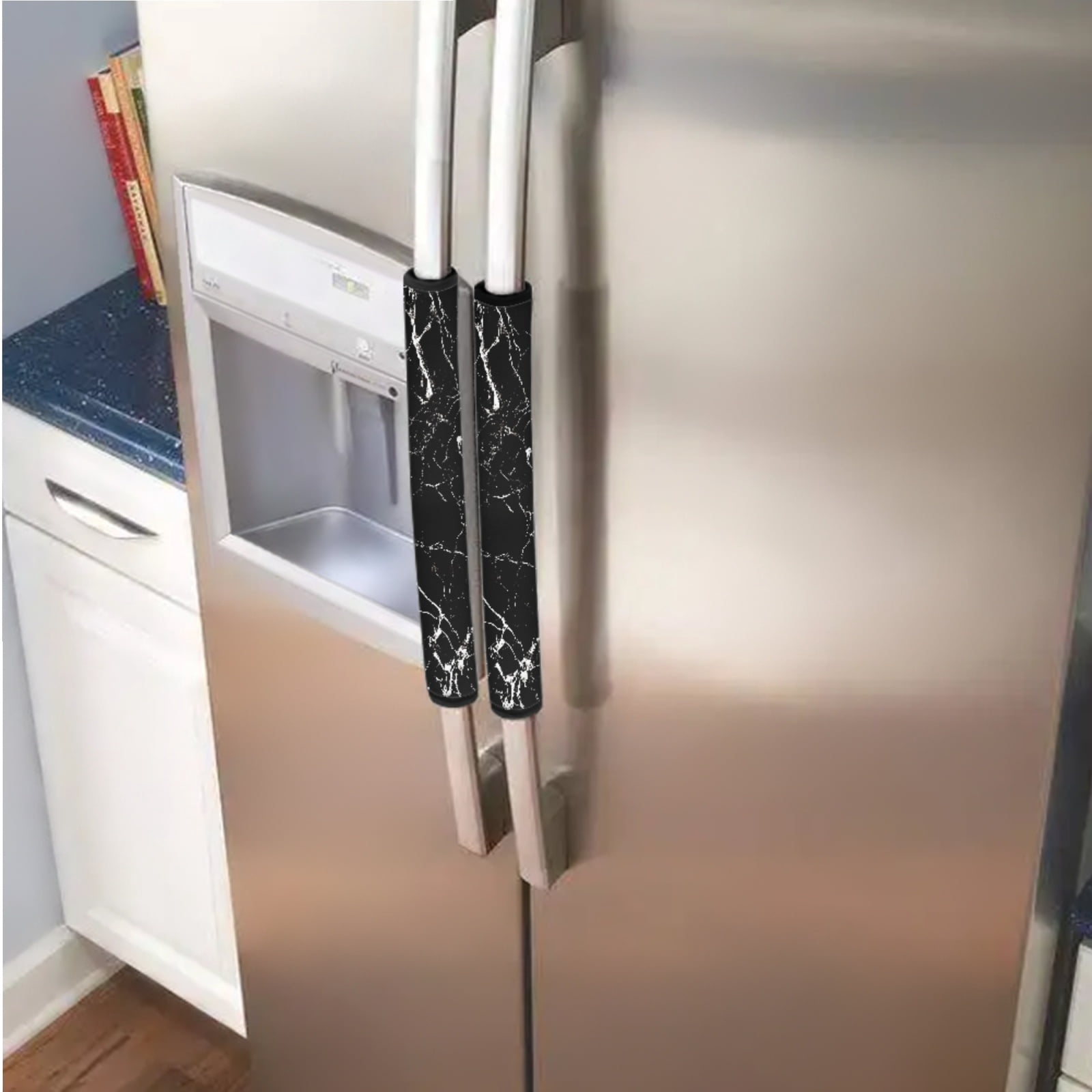 SEANATIVE 6 PCS Refrigerator Door Handle Covers Kitchen Appliances Handle Protector Washable Door Cloth Protector Keep Off Smudges, Stain, Wear and Tear, Black Marble White Crack
