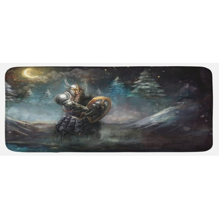 

Fantasy Kitchen Mat Illustration of Medival Dwarf Knight in Gothic Shield in Mysterious Forest Plush Decorative Kitchen Mat with Non Slip Backing 47 X 19 Multicolor by Ambesonne