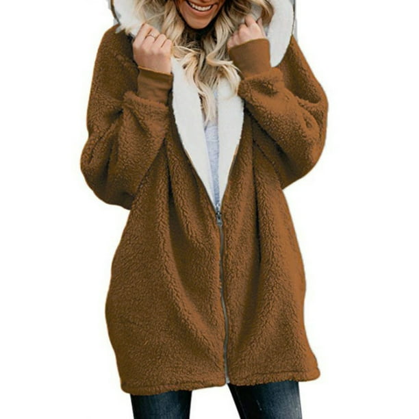 MAWCLOS Womens Winter Coats Mid-Length Plus Size Fluffy Hooded Outwear  Jackets Casual Outcoats Coffee 5XL