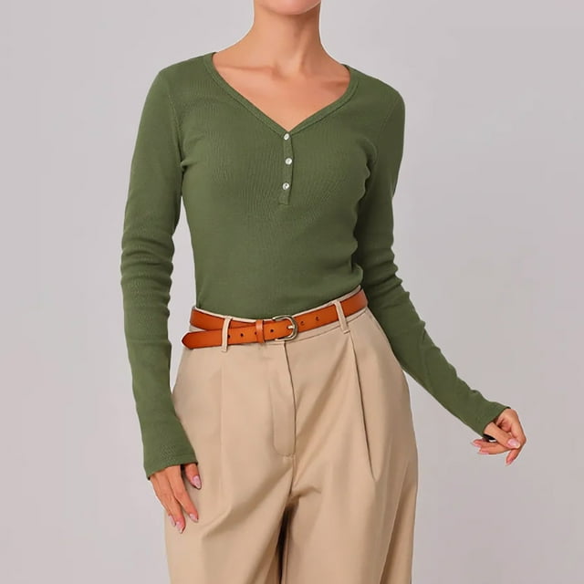 Ailaofu Ladies' Casual Fashion Solid Color V-Neck Long Sleeve Base Layer Top - Essential for Layering in Spring & Fall