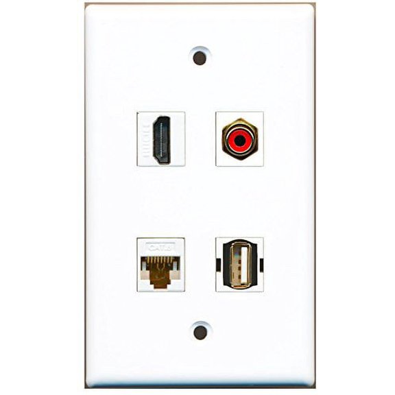 RiteAV - 1 Port HDMI 1 Port RCA Red 1 Port USB A-A 1 Port Cat6 Ethernet White Wall Plate