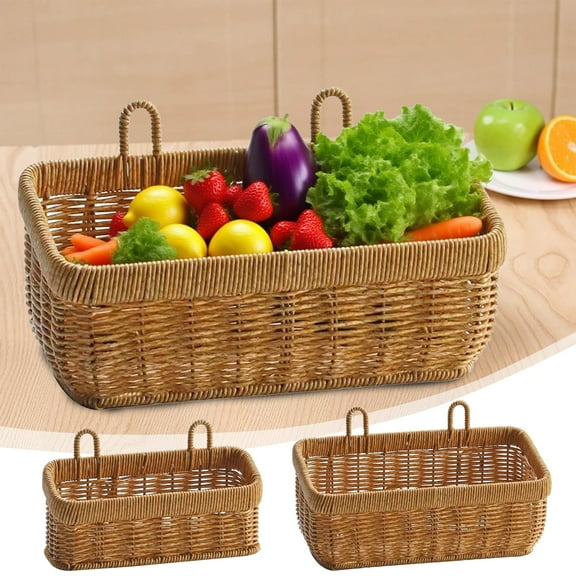 Imitation Rattan Woven Storage Basket | Plastic Wall Hanging Organizer | Vintage Decorative Wicker Basket | Brown | Multi-Purpose for Bathroom, Kitchen, Office | 28 x 13 x 16 cm | 1 Pc