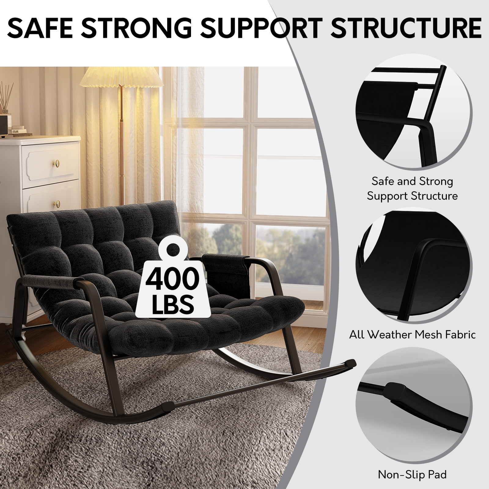 HomeZeer Indoor Rocking Chair with Cushion, Modern Grand Papasan Rocker Chairs, Oversize Papasan Recliner Chair for Living Room, Bedroom, Study Room, Black