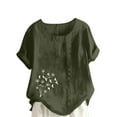 thumbnail image 1 of LMKIHUSA Été Femmes Hauts en Coton et Lin Tendance Manches Courtes Décontracté Mode 2025 Chemises Boho Imprimé Floral Col Rond Boutons Haut Vert Armée,TTTG, 1 of 4