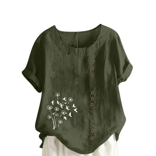 LMKIHUSA Chemises en Lin à Manches Courtes pour Femmes, Imprimé Floral Bohème, Blouses Douces, Col Rond, Hauts Boutonnés, Mode Décontractée Été 2025, T-Shirts Vert Armée, m