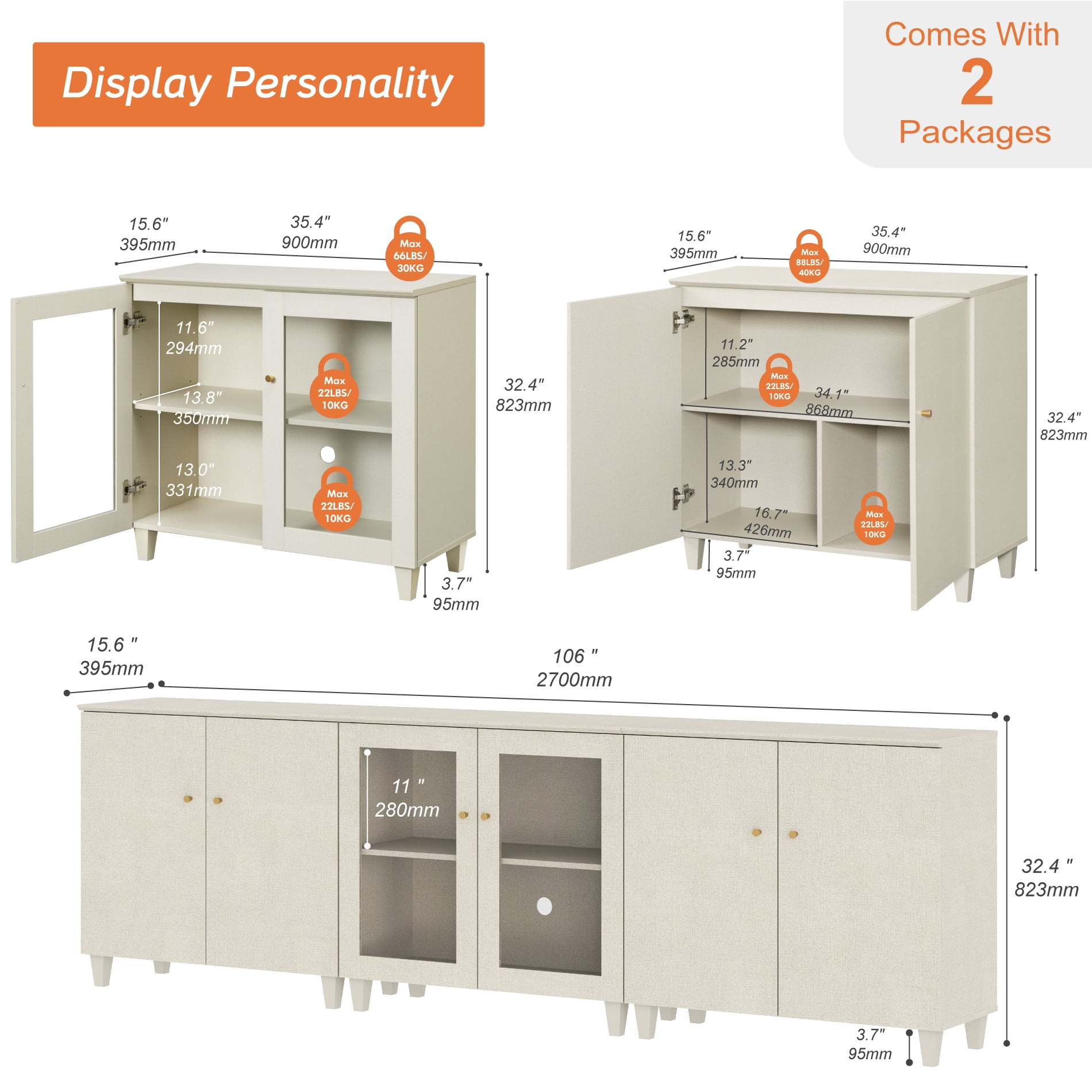 Modular Buffet Cabinet Sideboard With Glass and Wood Doors, Adjustable Shelves and Cable Management For Kitchen Dining Room, 106" W, Beige Wood